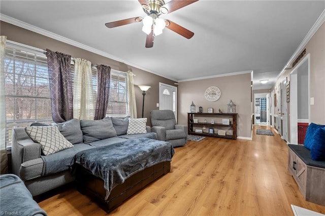 living area featuring a healthy amount of sunlight, ornamental molding, light wood-style floors, and ceiling fan