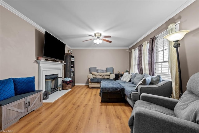 living room featuring a glass covered fireplace, light wood-type flooring, crown molding, and a ceiling fan