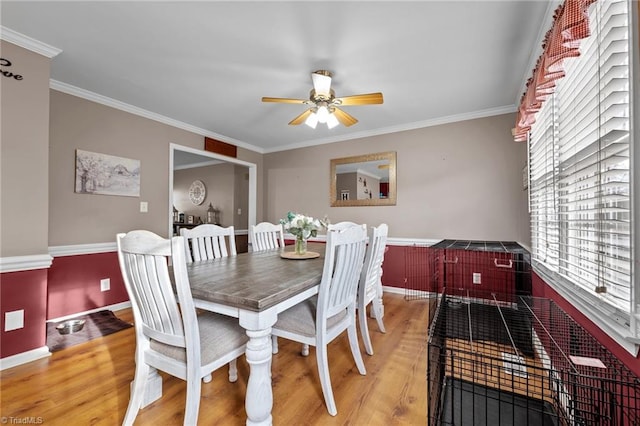 dining room with light wood-style flooring, baseboards, a ceiling fan, and ornamental molding