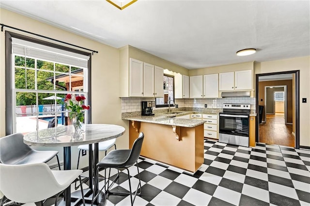 kitchen featuring stainless steel electric stove, a sink, dark flooring, a peninsula, and backsplash