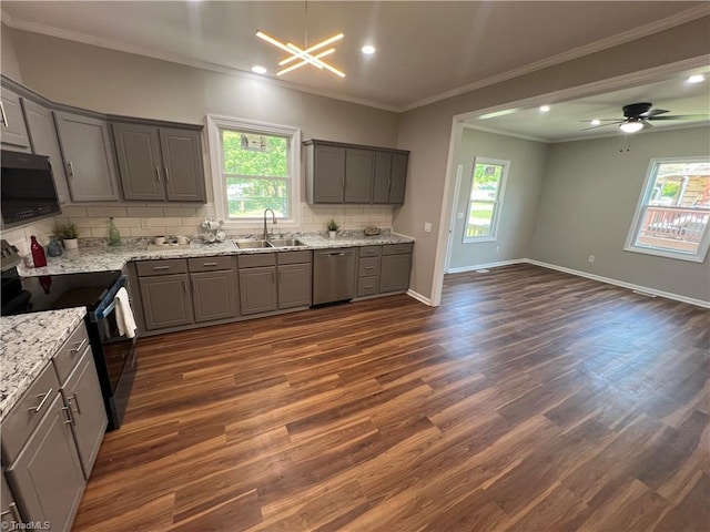 kitchen with dishwasher, a sink, electric range, and gray cabinets