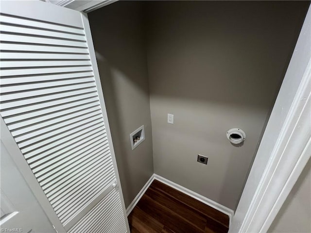 washroom with washer hookup, laundry area, electric dryer hookup, baseboards, and wood finished floors