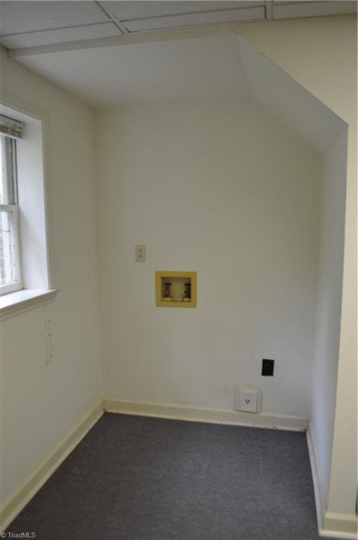 117 Ridgecrest Dr, Mount Airy, NC 27030 - clothes washing area featuring baseboards, dark carpet, and hookup for a washing machine