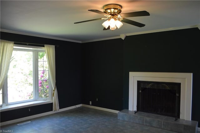 117 Ridgecrest Dr, Mount Airy, NC 27030 - unfurnished living room with crown molding, tile patterned flooring, a fireplace, baseboards, and a ceiling fan
