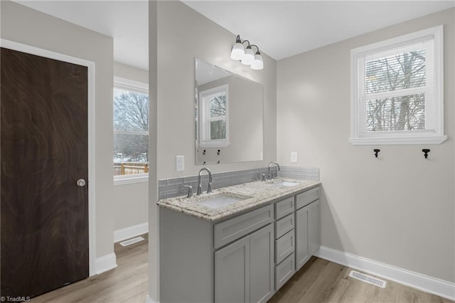 bathroom featuring hardwood / wood-style flooring and vanity