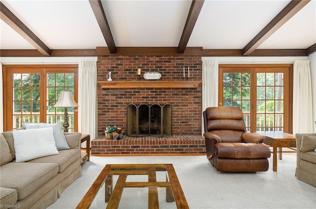 102 Shawnee Cir, Lexington, NC 27295 - carpeted living room with beam ceiling and a brick fireplace