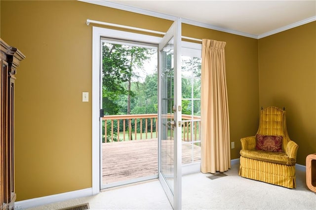 102 Shawnee Cir, Lexington, NC 27295 - doorway to outside featuring carpet, crown molding, and baseboards