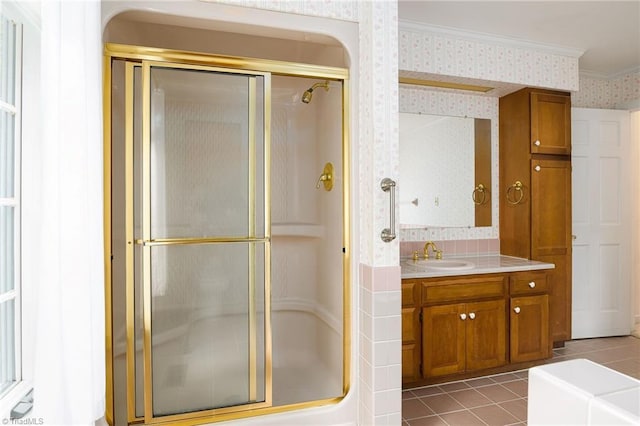 102 Shawnee Cir, Lexington, NC 27295 - bathroom with wallpapered walls, a shower stall, vanity, tile patterned flooring, and crown molding