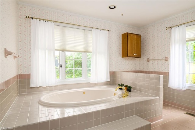 102 Shawnee Cir, Lexington, NC 27295 - bathroom featuring crown molding, a bath, wallpapered walls, and tile patterned flooring