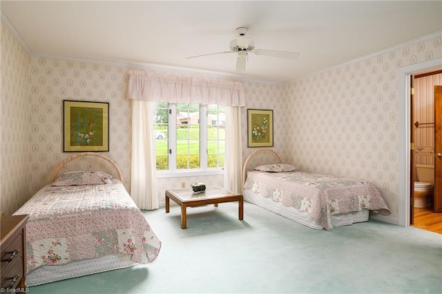 102 Shawnee Cir, Lexington, NC 27295 - bedroom featuring wallpapered walls, carpet floors, crown molding, ceiling fan, and ensuite bathroom