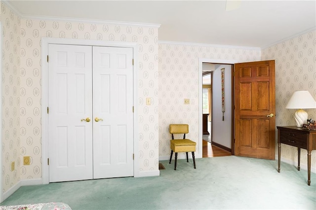 102 Shawnee Cir, Lexington, NC 27295 - bedroom featuring wallpapered walls, crown molding, carpet floors, a closet, and baseboards