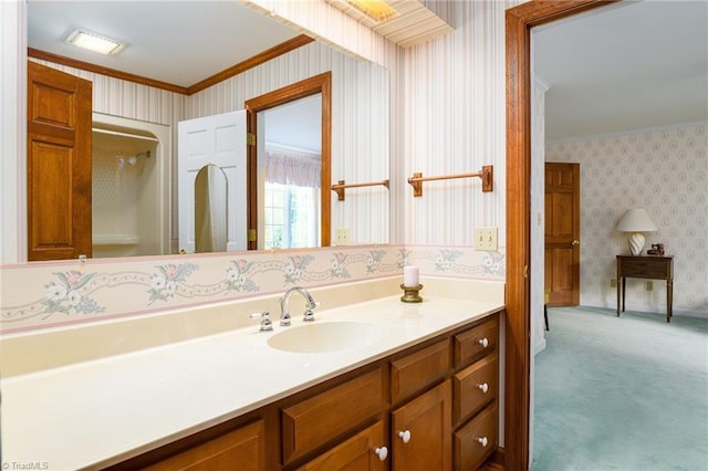 102 Shawnee Cir, Lexington, NC 27295 - bathroom featuring wallpapered walls, crown molding, and vanity