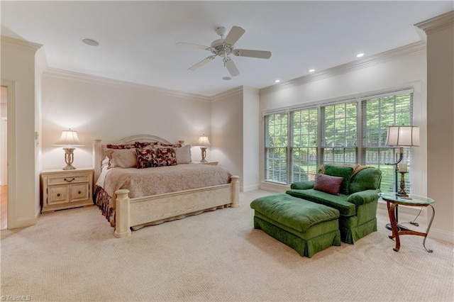 4208 Bitternut Trl, Greensboro, NC 27410 - bedroom featuring light carpet, baseboards, ornamental molding, ceiling fan, and recessed lighting
