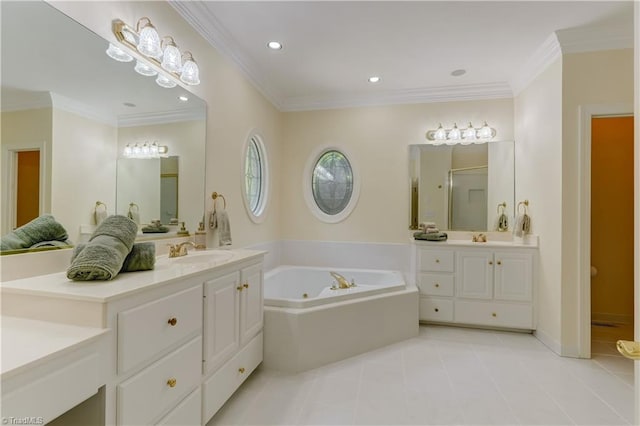 4208 Bitternut Trl, Greensboro, NC 27410 - bathroom featuring a garden tub, two vanities, a stall shower, ornamental molding, and tile patterned flooring