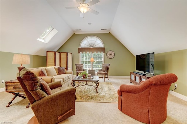 4208 Bitternut Trl, Greensboro, NC 27410 - living room with light carpet, ceiling fan, lofted ceiling, and baseboards