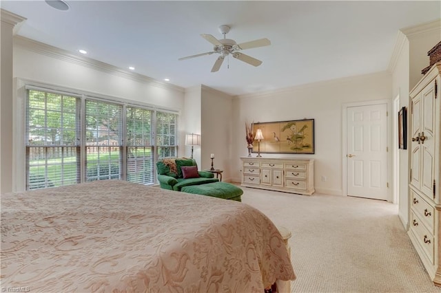 4208 Bitternut Trl, Greensboro, NC 27410 - bedroom with light colored carpet, crown molding, baseboards, and ceiling fan