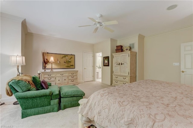 4208 Bitternut Trl, Greensboro, NC 27410 - bedroom featuring light carpet, ornamental molding, a ceiling fan, ensuite bathroom, and baseboards