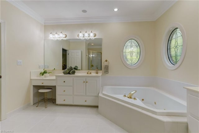 4208 Bitternut Trl, Greensboro, NC 27410 - full bathroom with a stall shower, a whirlpool tub, vanity, tile patterned floors, and ornamental molding