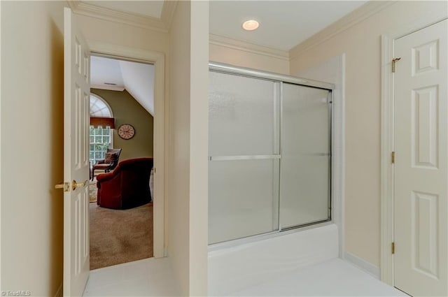 4208 Bitternut Trl, Greensboro, NC 27410 - bathroom with a shower with shower door, ornamental molding, and baseboards
