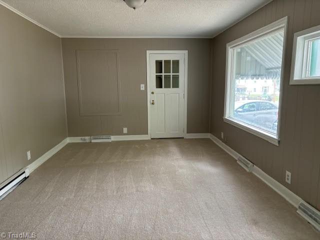 spare room featuring light carpet, a baseboard radiator, ornamental molding, and a textured ceiling