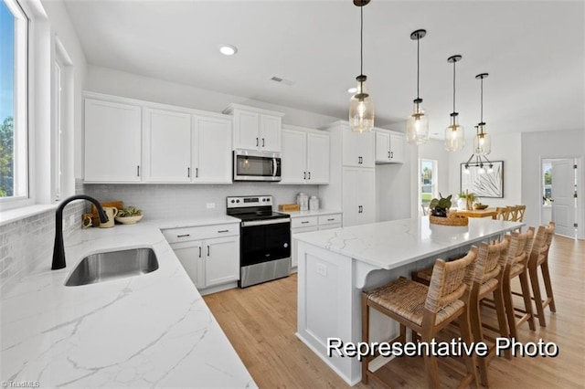 kitchen with sink, white cabinetry, hanging light fixtures, a kitchen island, and stainless steel appliances