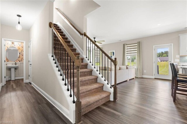 1827 Deveron Ct, Kernersville, NC 27284 - stairway with wood finished floors and ceiling fan