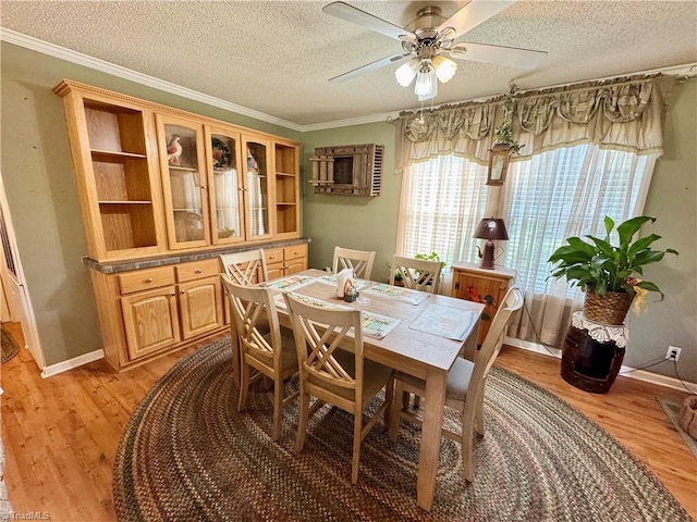 7658 Salem Chapel Rd, Walnut Cove, NC 27052 - dining area with a textured ceiling, light wood finished floors, ceiling fan, and crown molding