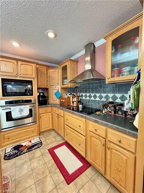 7658 Salem Chapel Rd, Walnut Cove, NC 27052 - kitchen featuring black appliances, wall chimney range hood, ornamental molding, glass insert cabinets, and light tile patterned flooring