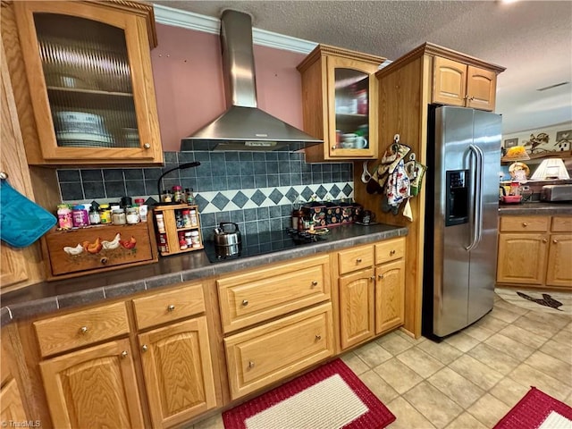 7658 Salem Chapel Rd, Walnut Cove, NC 27052 - kitchen featuring wall chimney range hood, stainless steel fridge, black electric cooktop, dark countertops, and a textured ceiling