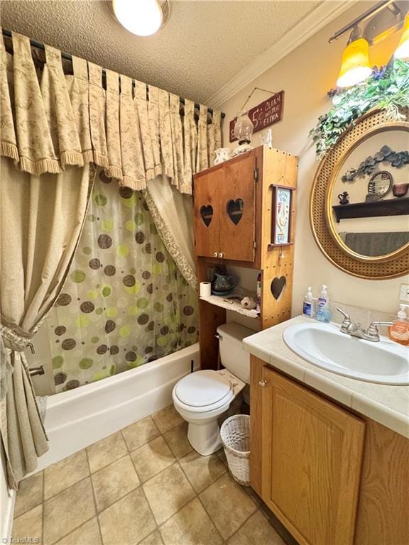7658 Salem Chapel Rd, Walnut Cove, NC 27052 - full bathroom featuring shower / bath combo, vanity, a textured ceiling, crown molding, and tile patterned floors