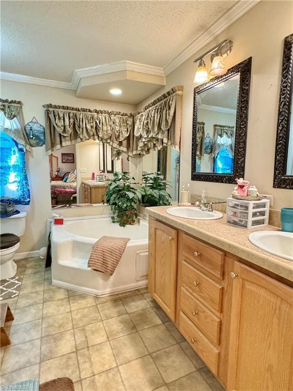7658 Salem Chapel Rd, Walnut Cove, NC 27052 - full bathroom featuring ornamental molding, a bath, double vanity, a textured ceiling, and tile patterned flooring