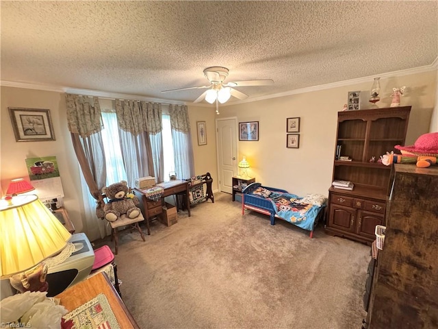 7658 Salem Chapel Rd, Walnut Cove, NC 27052 - bedroom with carpet floors, a textured ceiling, crown molding, and a ceiling fan