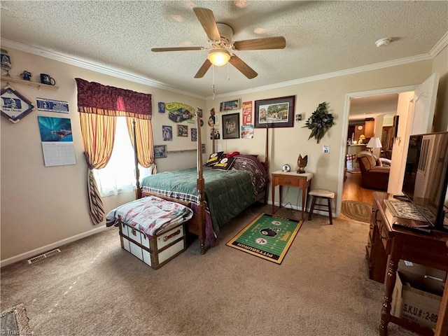 7658 Salem Chapel Rd, Walnut Cove, NC 27052 - carpeted bedroom with a textured ceiling, crown molding, and ceiling fan