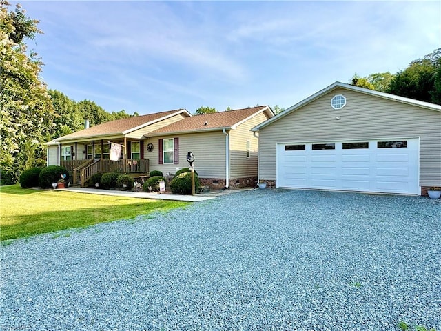 7658 Salem Chapel Rd, Walnut Cove, NC 27052 - ranch-style home with crawl space, a front yard, covered porch, a garage, and a shingled roof