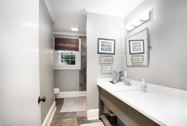 bathroom featuring vanity, crown molding, and toilet