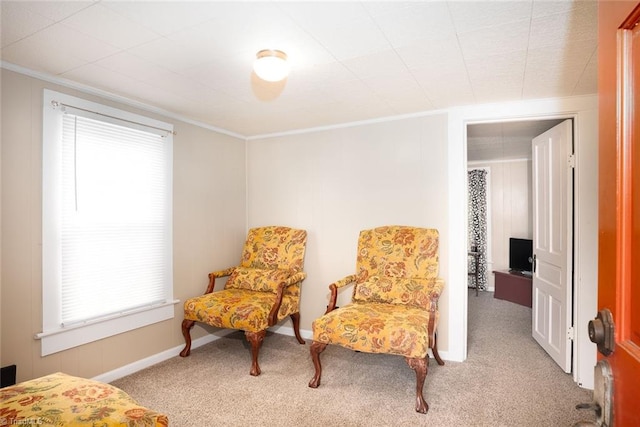 living area with light carpet and crown molding