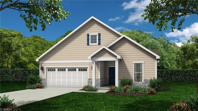 1108 Hudson Dr, Mebane, NC 27302 - view of front of house with a front yard, stone siding, concrete driveway, and a garage