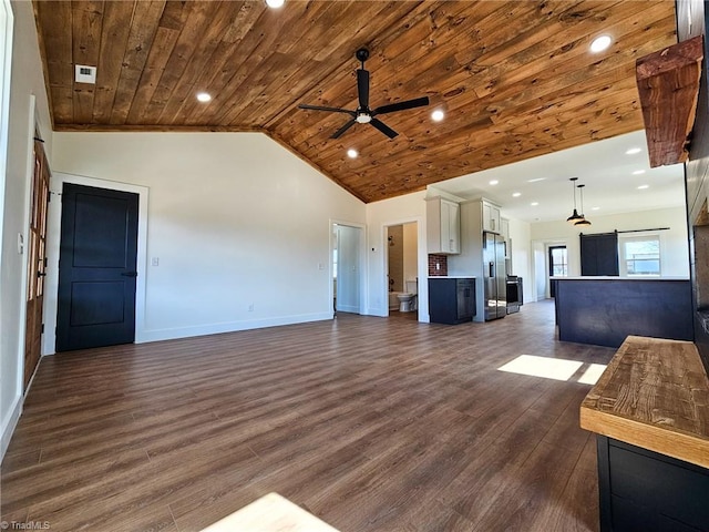 unfurnished living room with baseboards, a ceiling fan, wooden ceiling, dark wood-type flooring, and recessed lighting