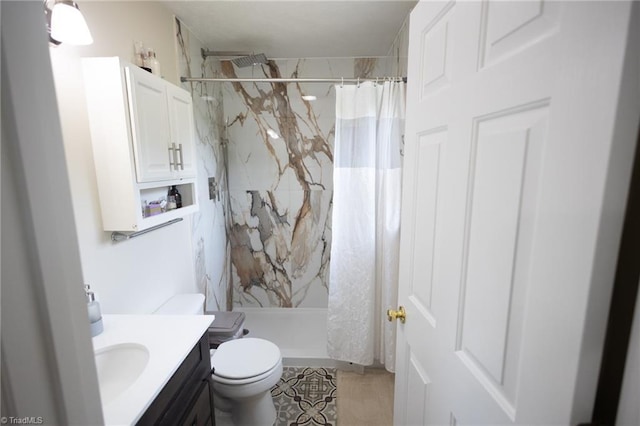 113 Stone Bridge Rd, Mount Airy, NC 27030 - bathroom featuring a marble finish shower, toilet, vanity, and tile patterned flooring