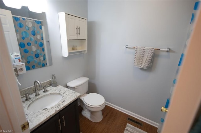 113 Stone Bridge Rd, Mount Airy, NC 27030 - bathroom featuring wood finished floors, toilet, vanity, baseboards, and a shower with curtain