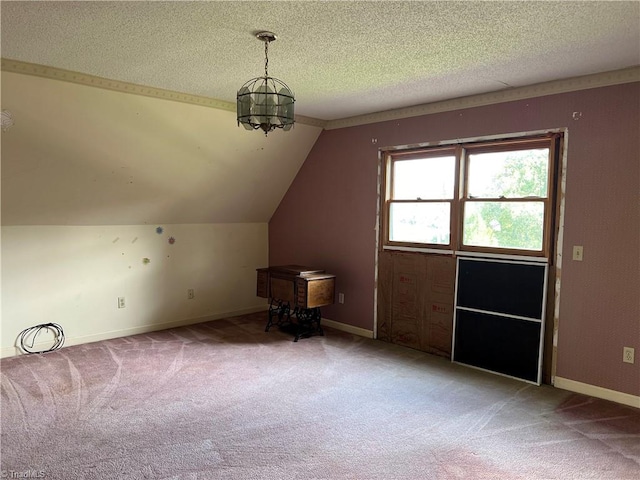 additional living space featuring lofted ceiling, a textured ceiling, and carpet flooring