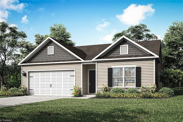 view of front of home featuring a front yard and a garage