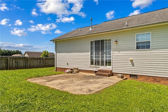 189 Lochshire Ln, Woodleaf, NC 27054 - back of property featuring a patio, crawl space, entry steps, and roof with shingles