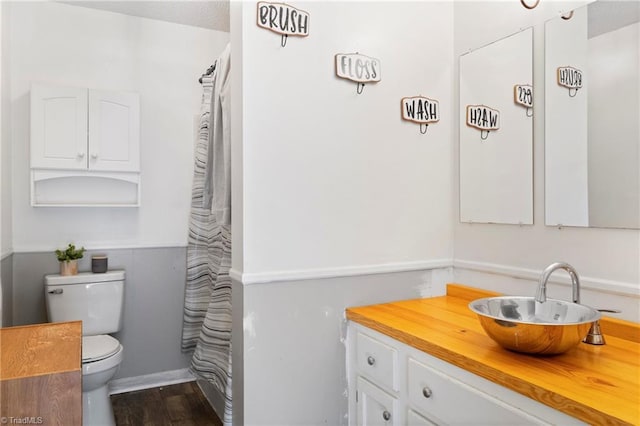 bathroom featuring toilet, a shower with curtain, wood finished floors, and vanity