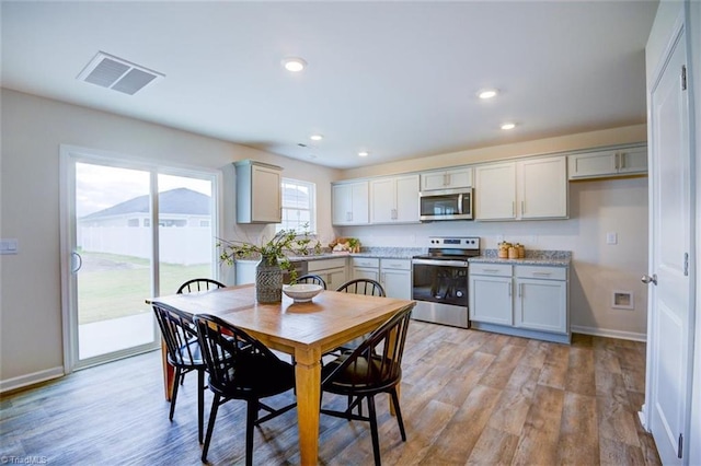 kitchen featuring gray cabinetry, light hardwood / wood-style flooring, appliances with stainless steel finishes, a mountain view, and light stone countertops