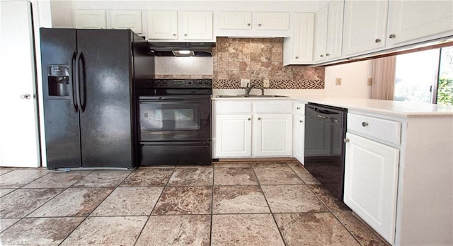 kitchen with sink, white cabinetry, kitchen peninsula, decorative backsplash, and black appliances