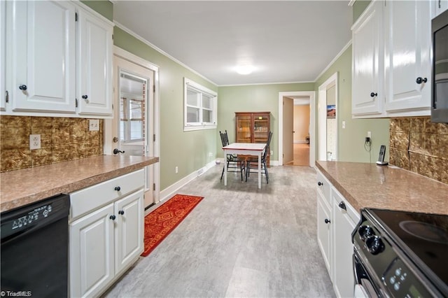 kitchen with black appliances, white cabinetry, ornamental molding, and light wood finished floors