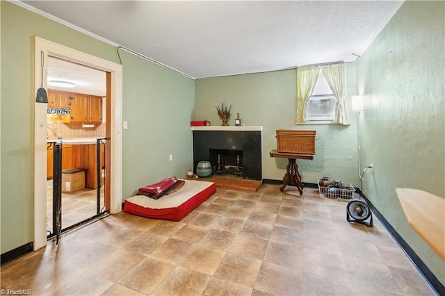 sitting room with a fireplace with raised hearth, ornamental molding, and baseboards