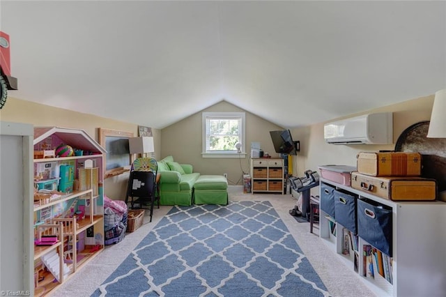 game room with a wall unit AC, light carpet, and lofted ceiling