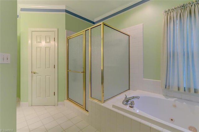 bathroom featuring ornamental molding, tile patterned floors, and shower with separate bathtub